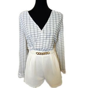 Cals Ivory Shorts Romper, Deep V-neck Front & Back, Elastic Belt, M